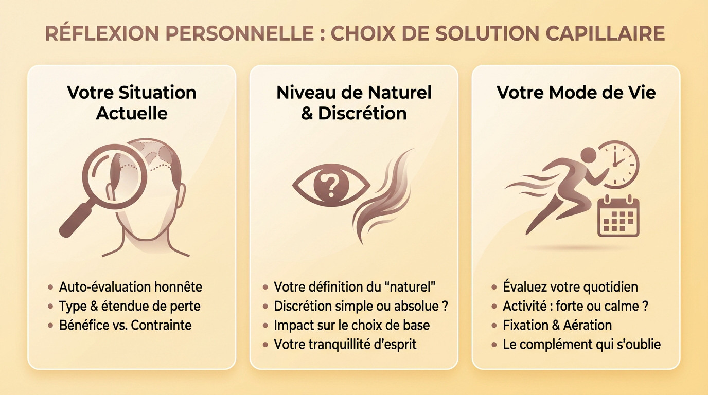 Homme en réflexion devant un miroir pour choisir son complément capillaire adapté