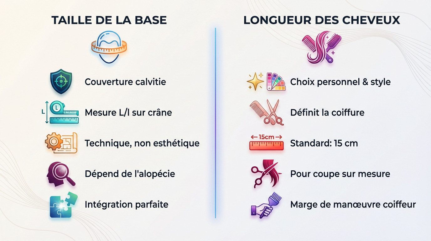 Schéma expliquant la différence entre taille de base et longueur de cheveux pour un complément capillaire